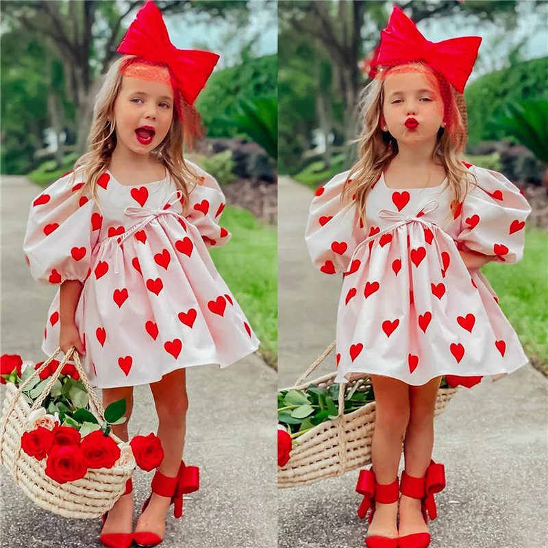 

Baby Girls Valentine's Day Dress with Bow Headband, Heart Printed Short Puff Sleeve Crew Neck Princess Dress for Summer, 1-5Y