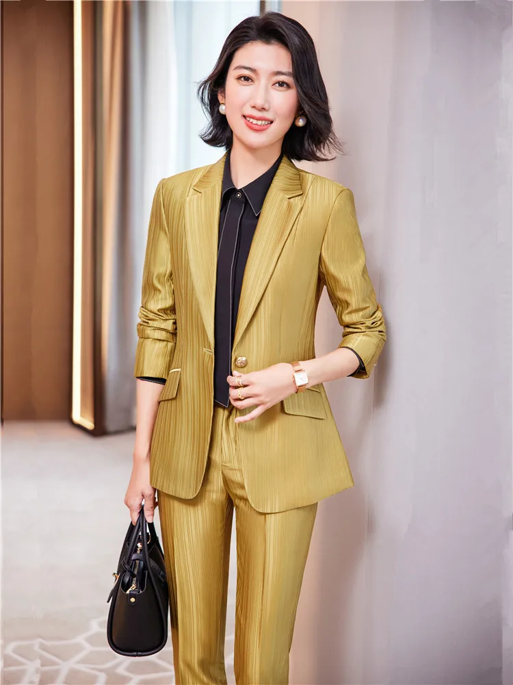 Женский блейзер и брюки комплект из двух предметов золотистого цвета одежда для