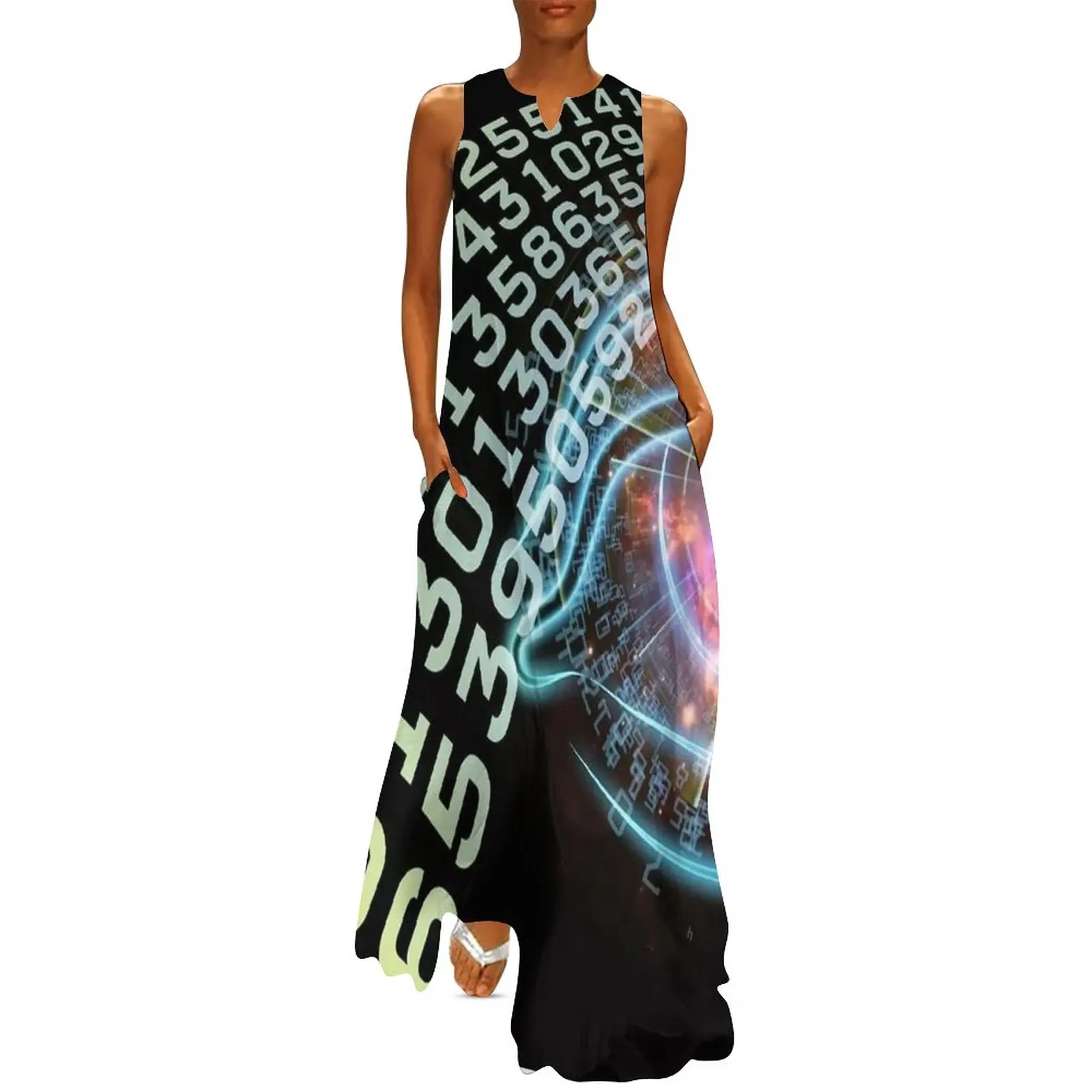 

Летнее модное платье без рукавов, длинное платье в стандартном стиле, женское вечернее модное платье с V-образным вырезом, богемное персонализированное платье с 3D рисунком