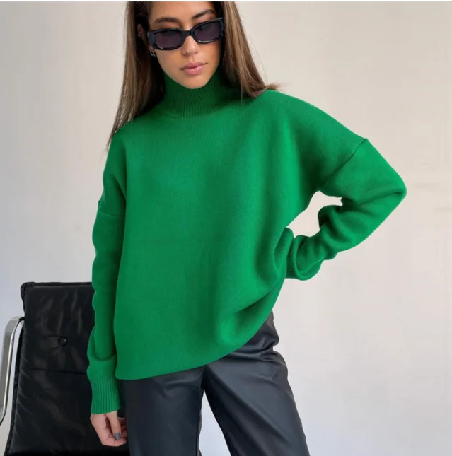 

Turtleneck casual loose sweater 2023 autumn winter new solid color foundation temperament solid color knitwear top