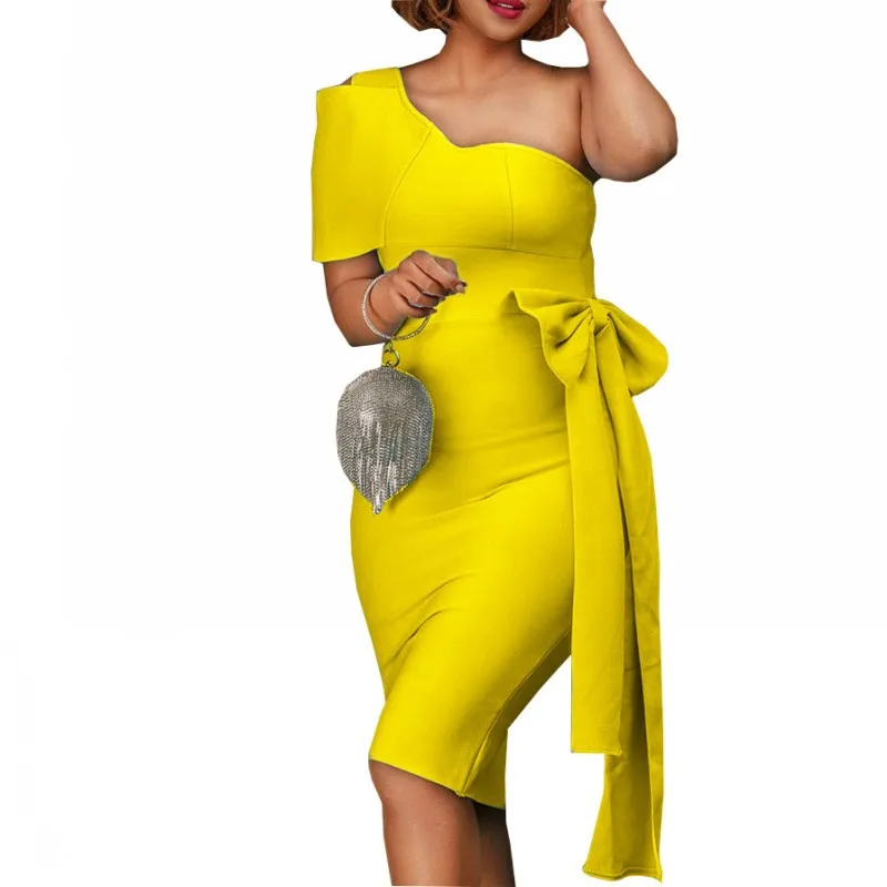 

African Dresses Women One Shoulder With Bow Empire African Clothing Fashion New Solid Sexy Elegant Chic African Party Dress 2022