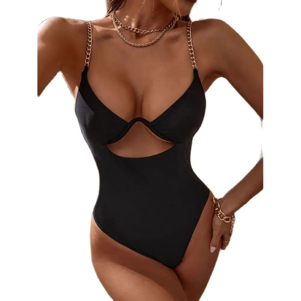 

Swimwear Summer New Style One-Piece Female Chain Shoulder Strap Hollow Sexy Solid Color Bikini Bandeau Swimsuit With Push Up