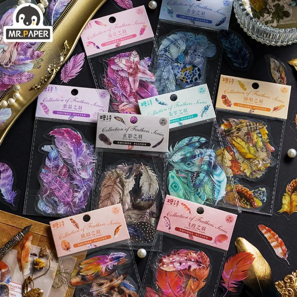 

Mr.paper 40Pcs/Bag Colorful Feather PET Material Stickers Pack Book Decorative Accessories Stationery Creative Art Sticke