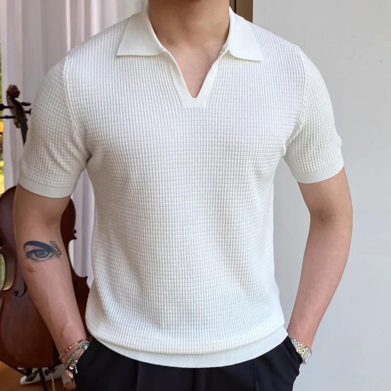 

Summer New V-neck Men's Solid Color Short-sleeved T-shirt British Slim Lapel Knitted Striped Casual Polo Shirt