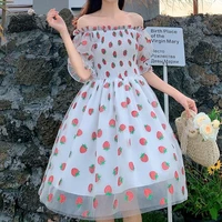 strawberry vintage dress ladies french lace chiffon sweet dress casual puffy sleeve elegant printed kawaii dress women 2022