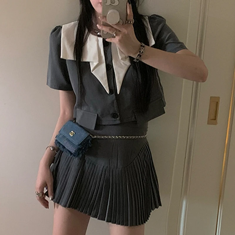 

Comfortable Puff Sleeves Doll Collar Button Jacket Top Summer Feminine Temperament New Fashion Pleated Skirt Two-Piece Set
