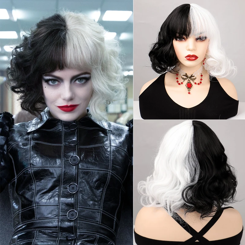 

MANWEI New Cosplay Wig Half White Half Black Synthetic Short Wavy With Bangs For Women Heat Resistant Natural Hair