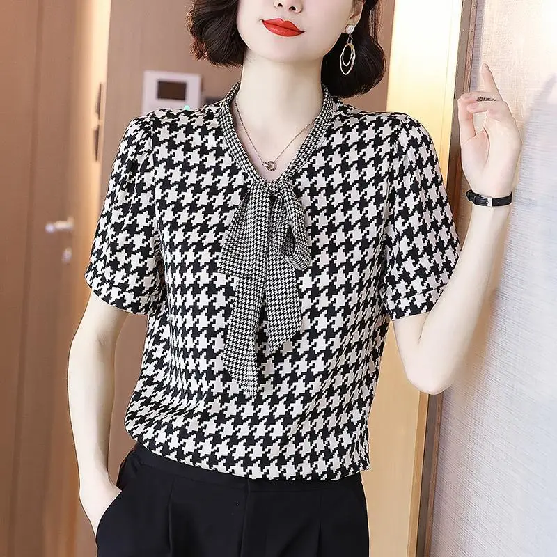Fashion Printed Loose Bow Houndstooth Chiffon Shirt Women's Clothing 2023 Summer New Oversized Casual Pullovers Commute Blouse