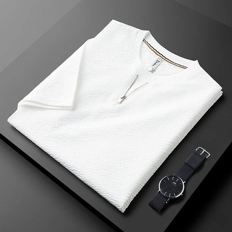 

Luxury Summer Zipper Round Neck T-shirt for Men's 2023 New Trend Casual Solid Color Comfortable and Breathable Short Sleeve Top