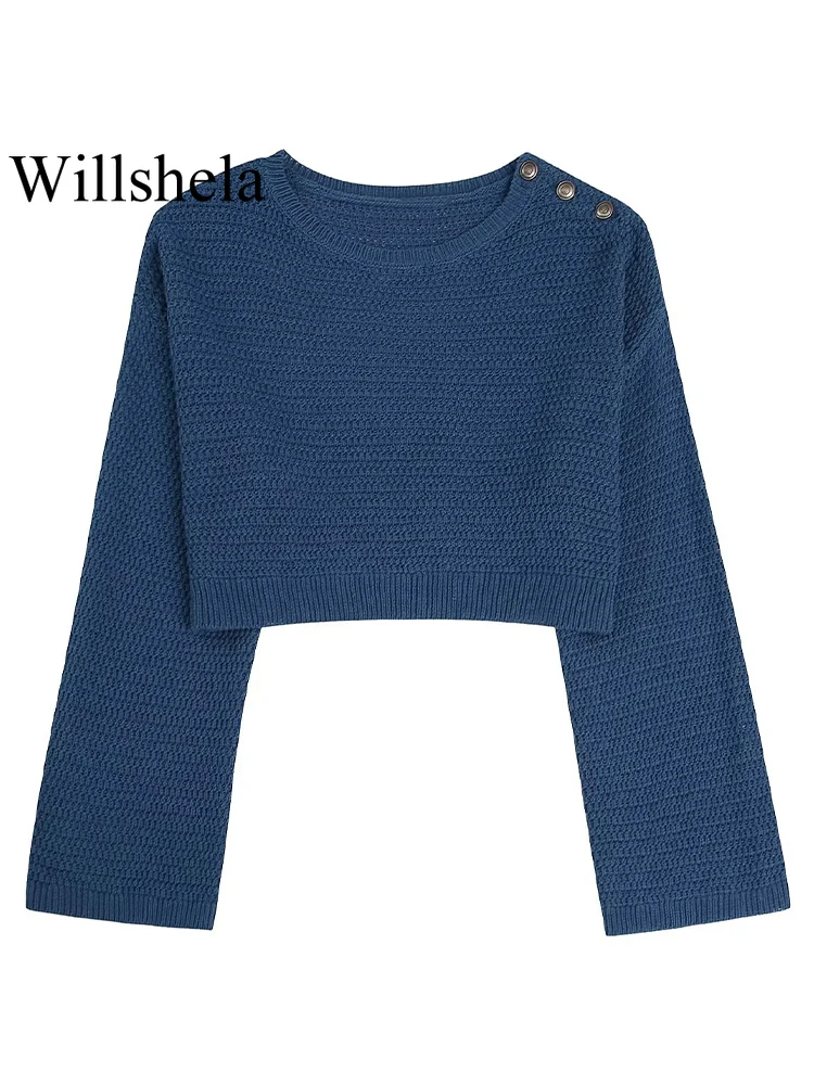 

Willshela Women Fashion With Button Blue Cropped Knitted Sweater Vintage O-Neck Long Sleeves Female Chic Lady Tops