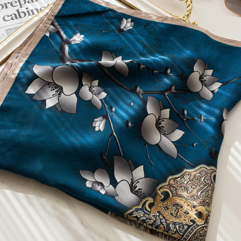 

BYSIFA| Vintage Blue 100% Silk Scarf Hijab Elegant Mongnolia Design Women Square Scarves Wraps Fall Winter Neck Scarves Shawls