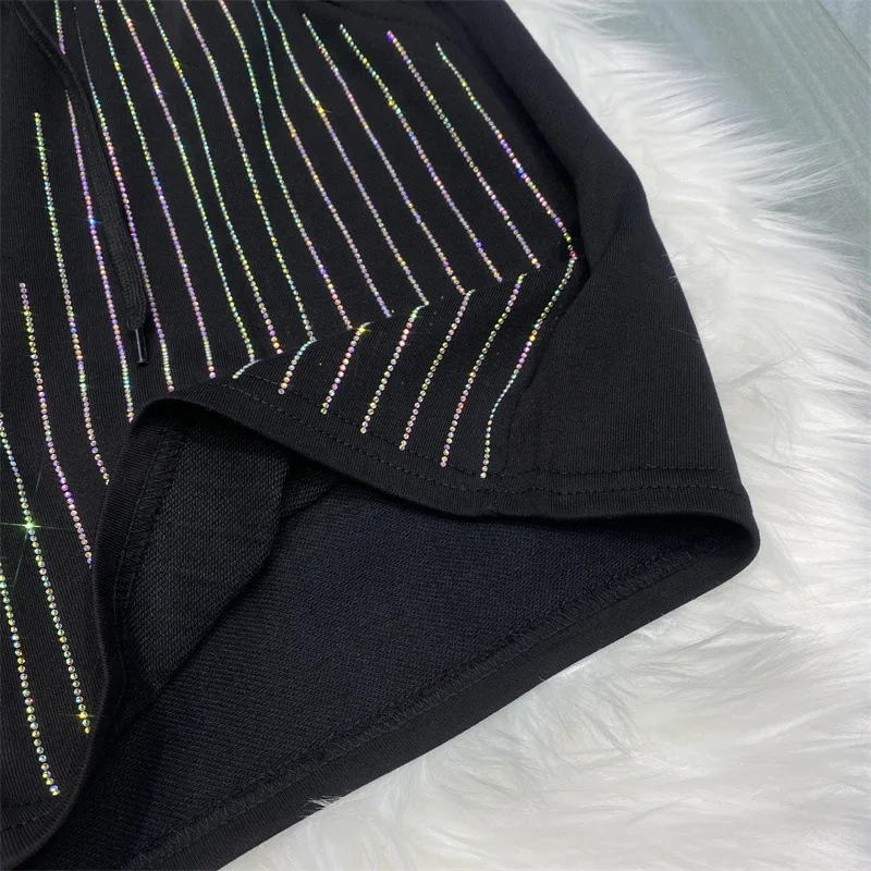Vertical Striped Rhinestone Shorts Women's Fashionable Summer New Elastic Waist Casual Black Wide Leg Short Pants Hot Pants