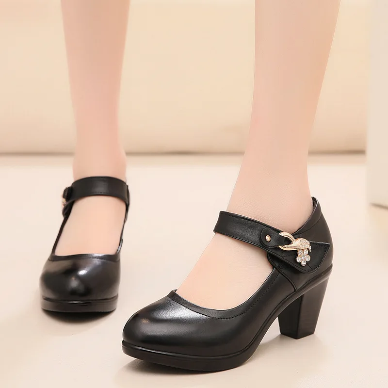 Genuine Leather Round Head 6CM Thick Heel Show Model Shoes Hook&Loop Middle Heel Square Dance Shoes Women's Work Footwear