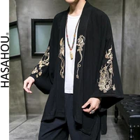 new 2022 fashion costume embroidery hanfu men chinese style linen robe cardigan jacket oversized kimono ancient coat male loose