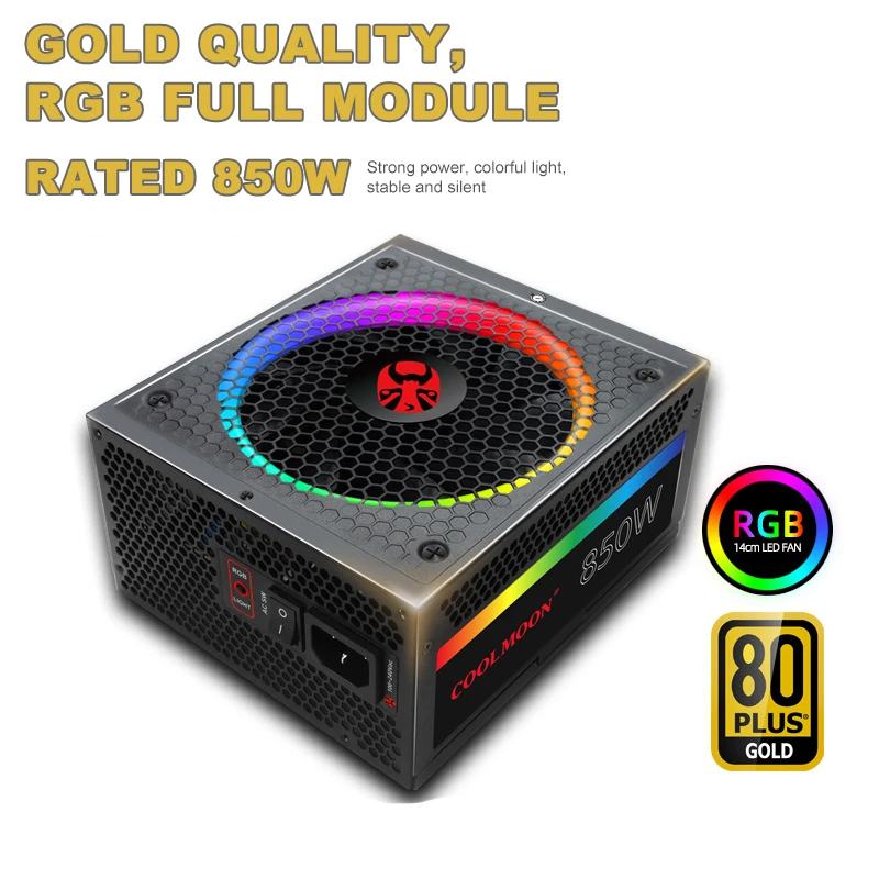 

Блок питания для компьютера Coolmoon, цветной, RGB номинальный, 850 Вт, бесшумный, ATX, настольный, электромеханический, полностью модульный блок пит...