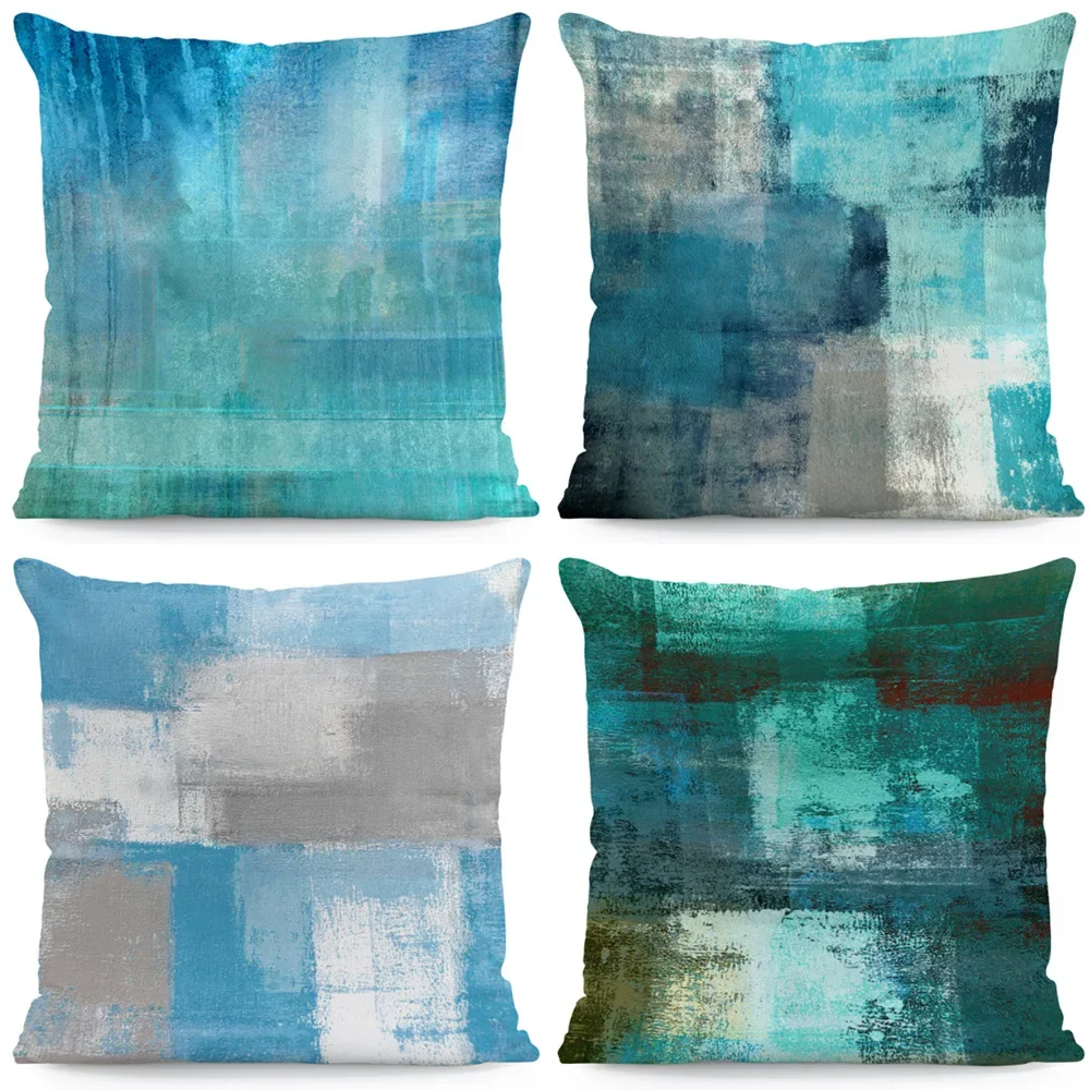 

45x45cm Abstract Art Pillowcase Blue-green Series Geometric Pillow Watercolor Printed Pillow Cover Home Decor Sofa Cushion Cover