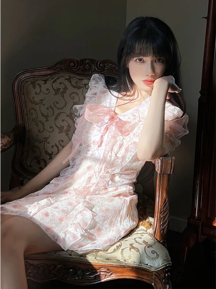 

Summer Lace Print Sweet Dress Women Designer Patchwork Kawaii Mini Dress Female Korean Fashion Bow Slim Cute Party Dresses 2022