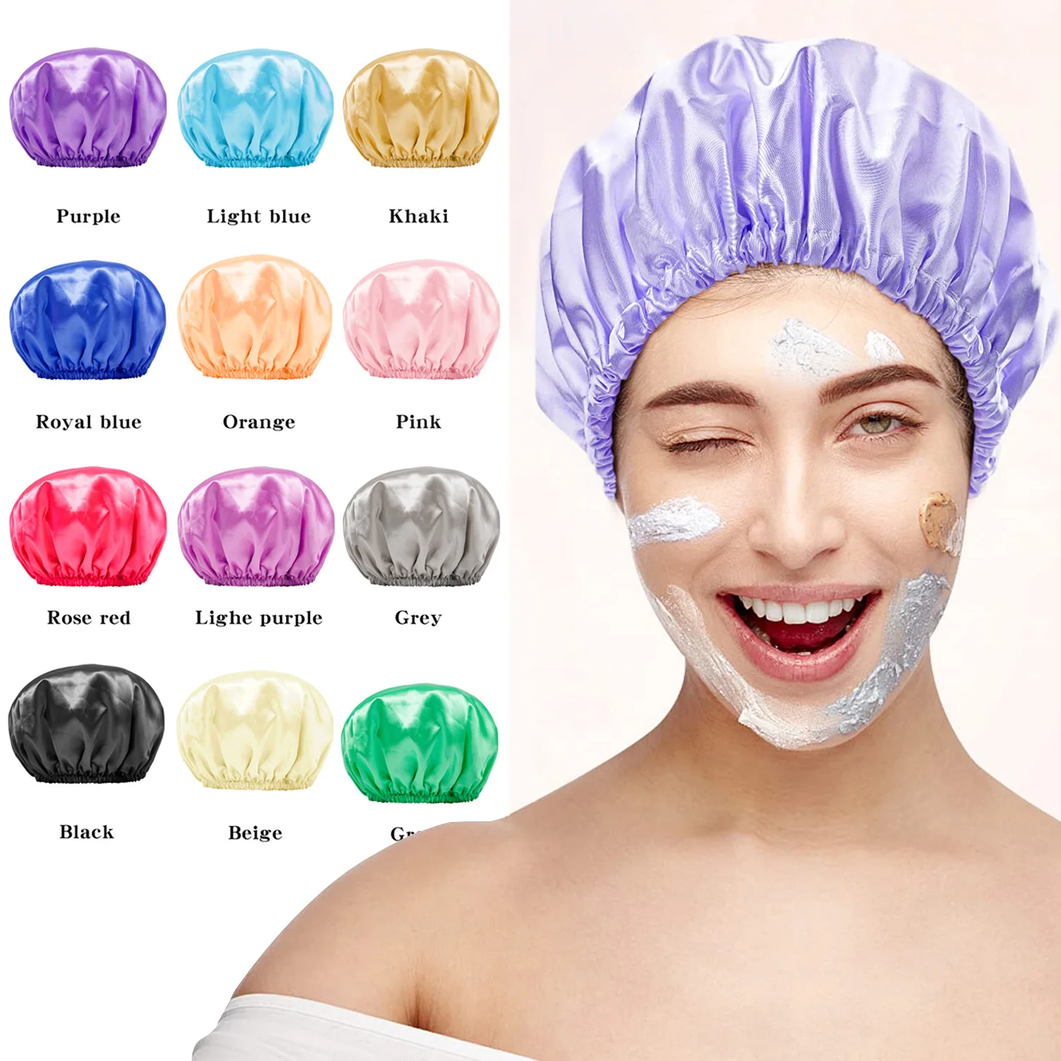 

Waterproof Women Shower Cap thicken Satin Double Layer Adjust Head Bath Accessories Multiple Shower Cap Bathroom Set Dust-proof