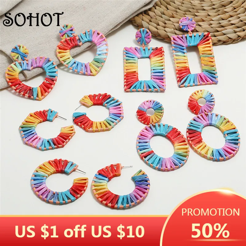 SOHOT женские серьги-подвески ручной работы в стиле бохо из рафии, роскошные геометрические серьги в форме сердца, гипербола, праздничные украшения, Brinco