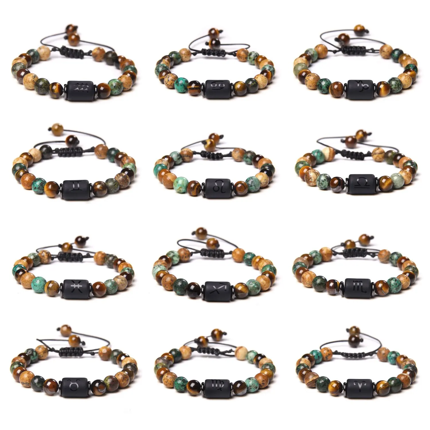 

Healing Chakra African Turquoise Triple Protection Bracelet 12 Constellation Reiki Energy Planet Bangle for Women Men