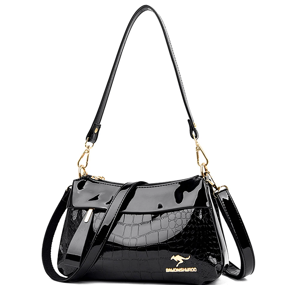

3 Layers Women Handbag Purses Luxury Designer Patent Leather Shoulder Messenger Bags for Female Vintage 2023 Trend Crocodile Sac