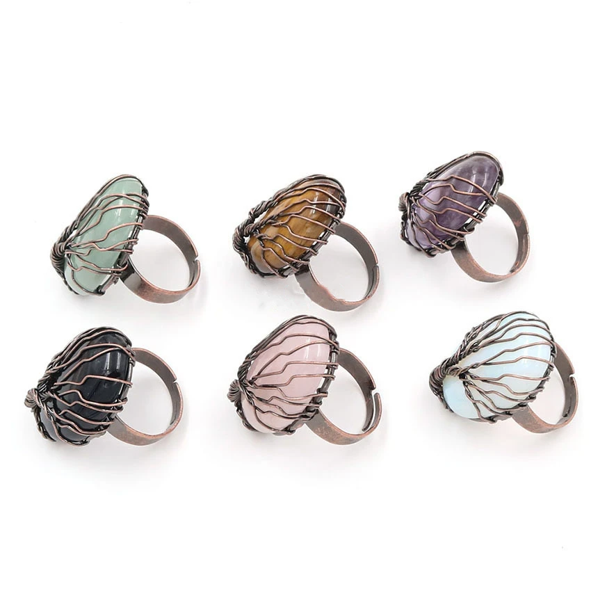

Retro Handmade Natural Stone Tree of Life Rings for Men Women Vintage Opal Tiger Eye Bronze Crystal Rings African Jewelry Dubai