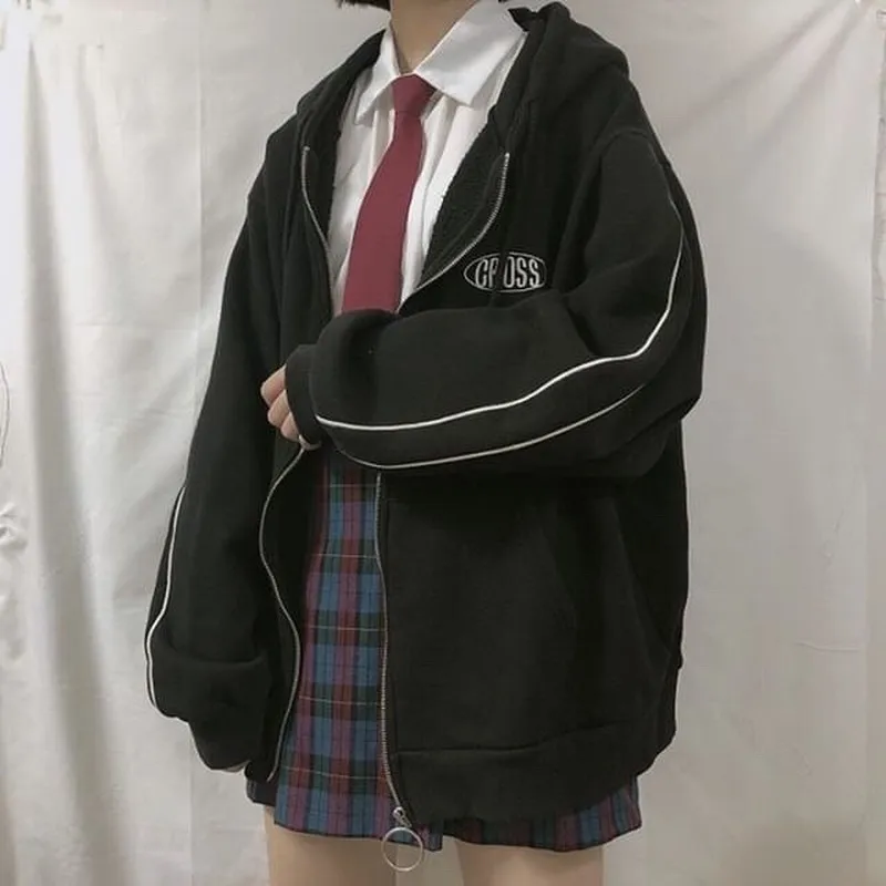 

Anbenser Streetwear Harajuku Oversized Sweatshirt Women Print Letter Zip Up Hoodies Student Plus Size Outwear Female Loose Tops