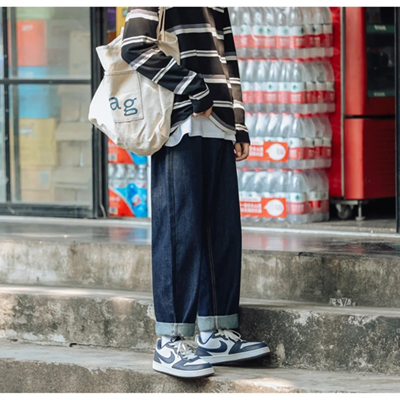 Men Clothing 2022 Autumn Winter New Straight Loose Cylinder Jeans Vintage Versatile Comfortable Navy Blue Harun Trousers Female