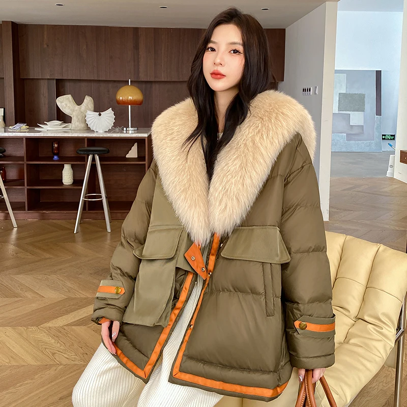 

2023 streetwear Army greey Duck Down Jacket Winter real fur coats With Large Natural Fox real fur parka