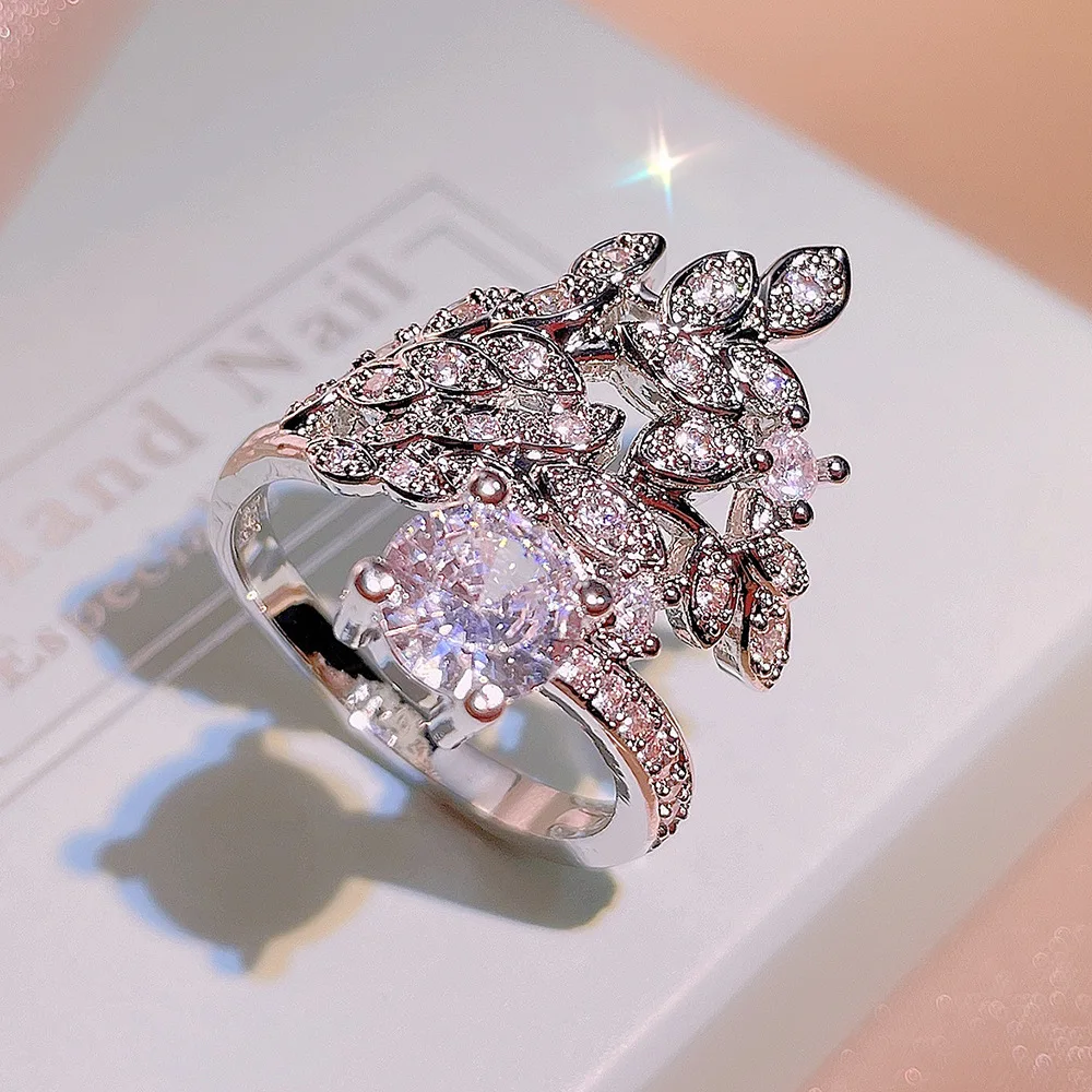 

Simple personality full diamond flower ring 925 silver light luxury temperament zircon leaf ring party birthday jewelry gift
