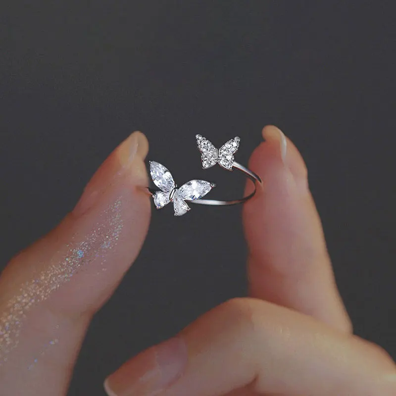 

Trend Shiny Cute Crystal Butterfly Zircon Rings for Women Girls Korean Minimalist Wedding Ring Adjustable Silver Color Ring