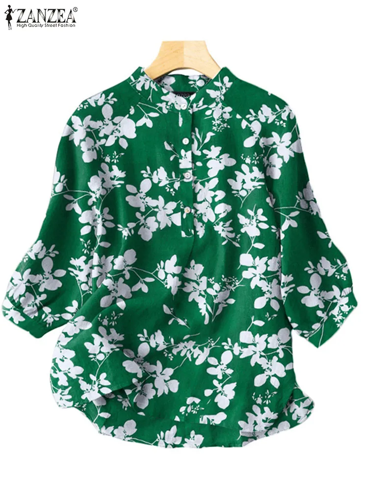 

ZANZEA Stand Collar Loose Blouse Buttons Fashion Bohemian Printing Summer Tunics Holiday Women 3/4 Sleeve 2023 Casual Shirt Tops