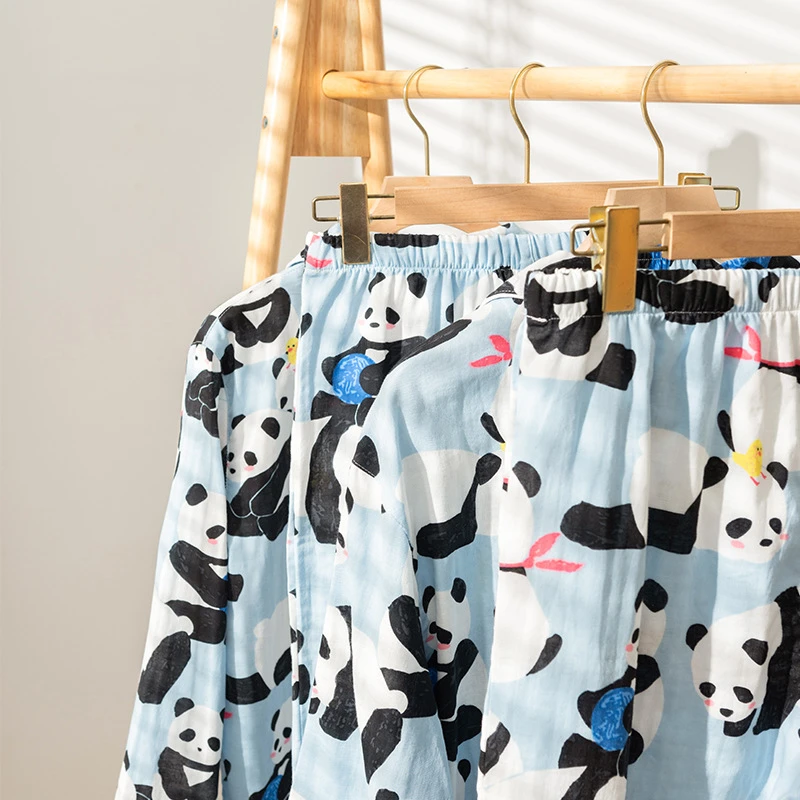 Long Cotton Pajama Suit For Couple Panda Sleepwear Spring Cute Style High Quality Nightgown For Women Men Loose Soft Homewear