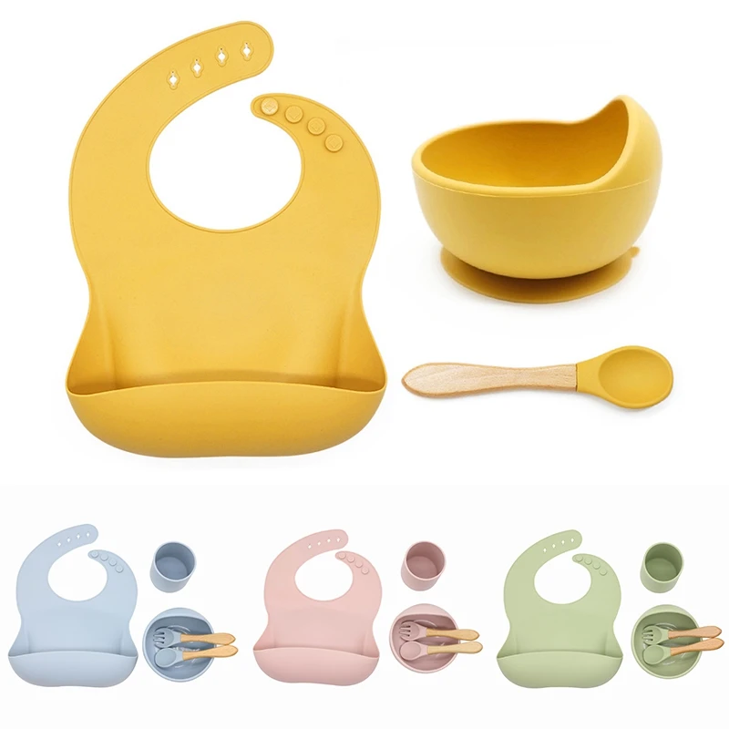 

5pcs/set Baby Silicone Tableware Bpa Free Kids Self Feeding Bowl Cup Fork Spoon with Feeding Bibs Childrens Eating Training