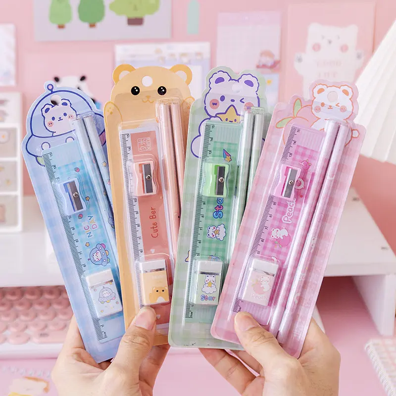 

1 Set Cute Cartoon Pencil Set Children's Day Birthday Gift Girl School Supplies Student School Stationery Ruler Eraser Sharpener