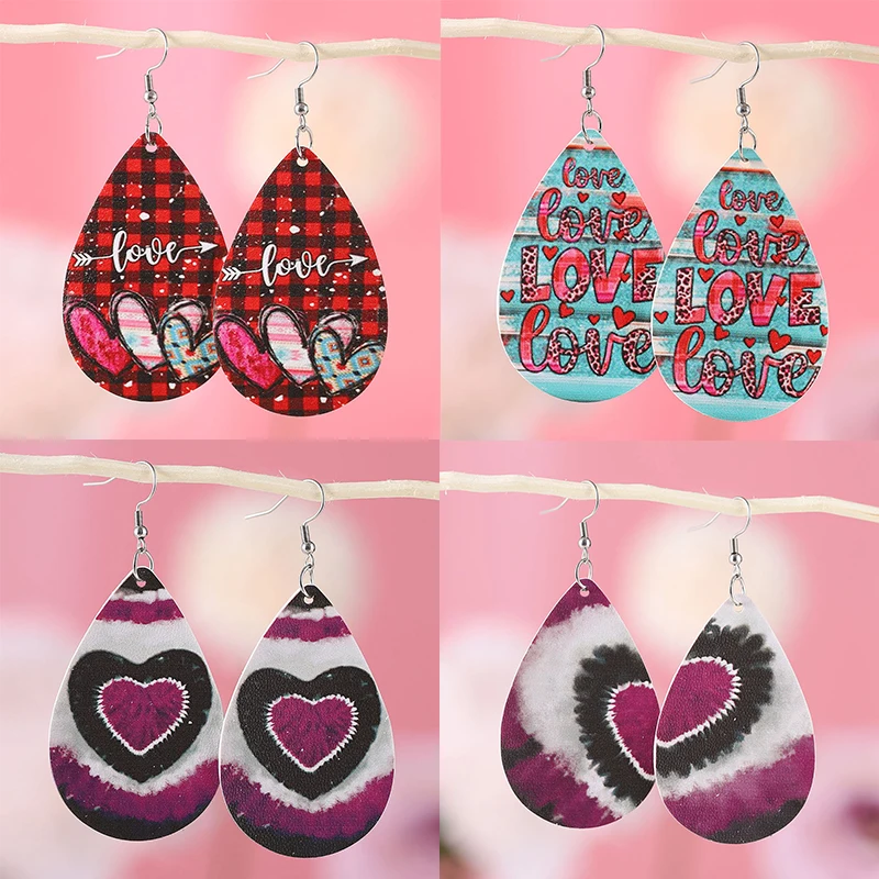 

New Valentine's Day Earrings Rendering Double Sided LOVE Letter Printing PU Leather Water Drop Ear Rings Festival Gift