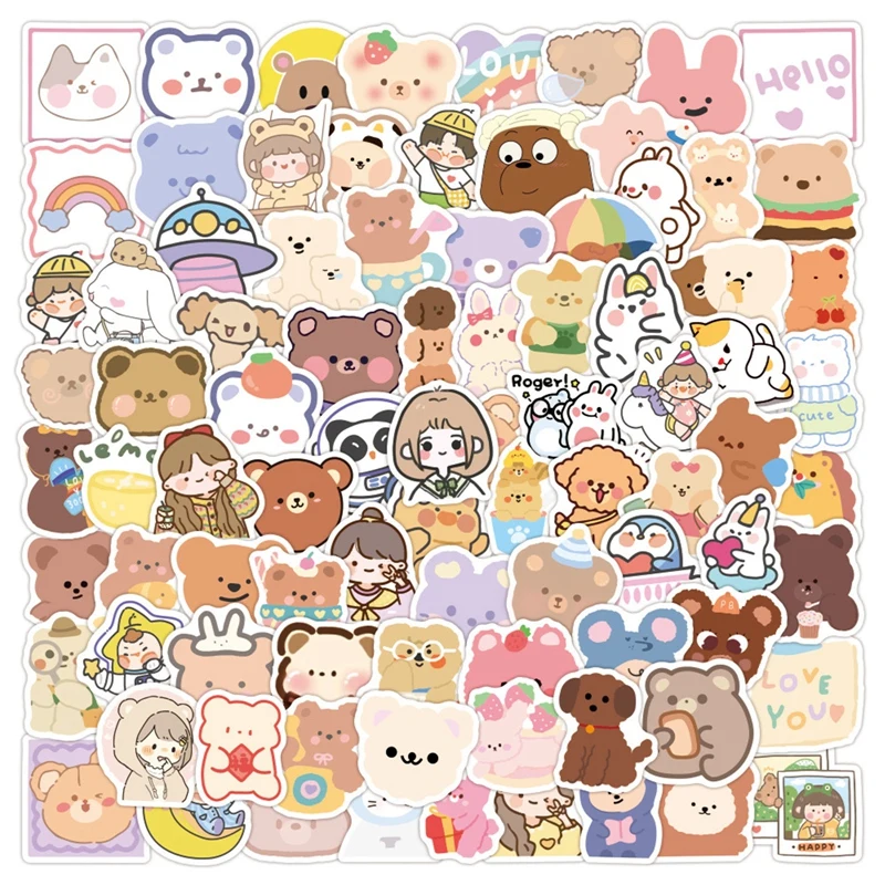 

100pcs Korean Bear Cartoon Stickers Kawaii Anime Cute Notebook Scooter Water Cup Creative Gift Laptop Decal Stickers