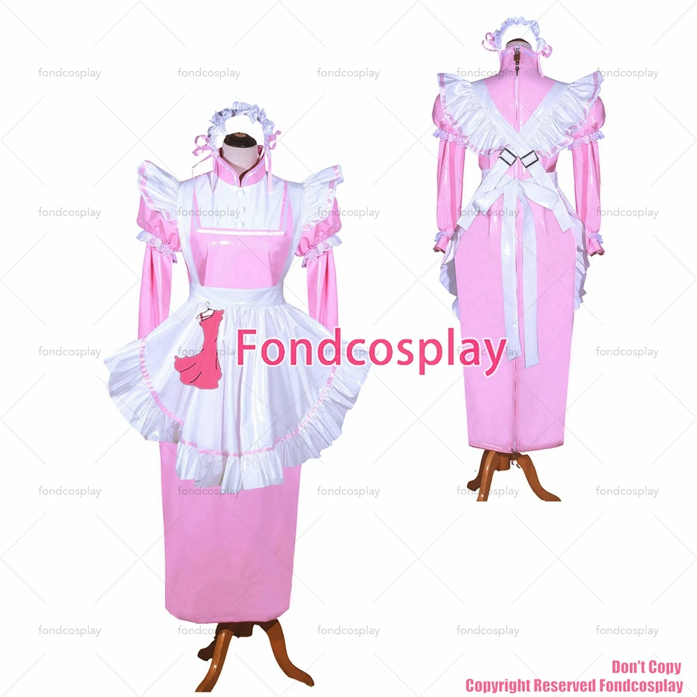 

fondcosplay adult cross dressing sissy maid long French Lockable Baby Pink thin PVC Dress Uniform white apron CD/TV[G3981]