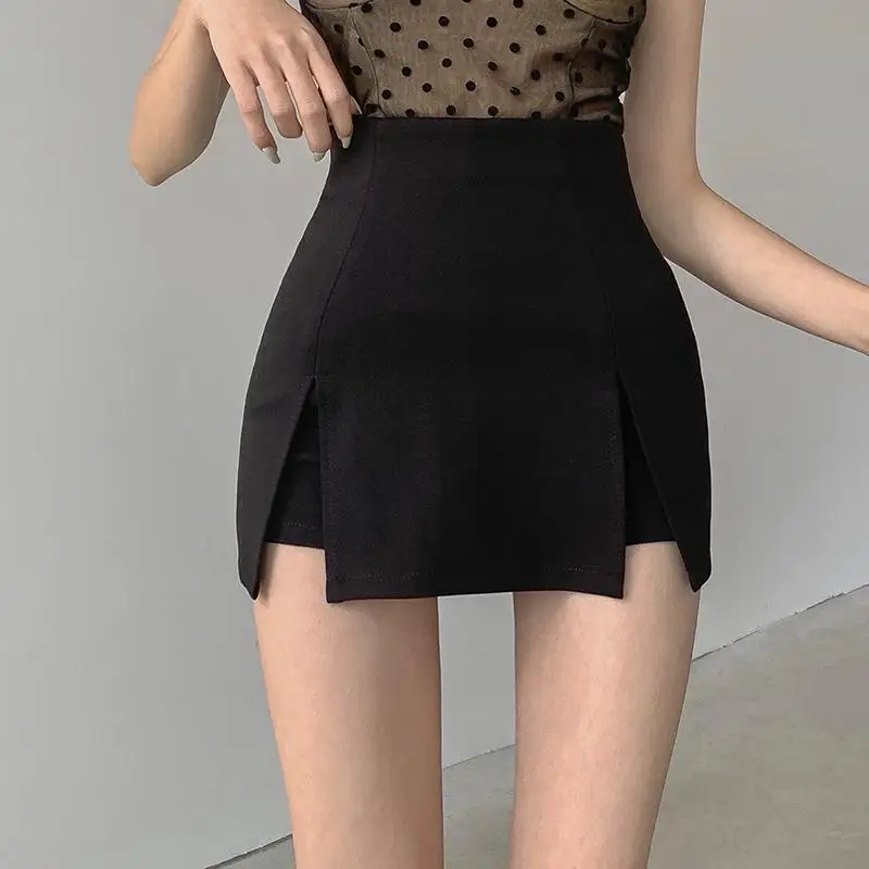 HOUZHOU Black Slit Mini Skirt Shorts Women Sexy Korean High Waist Casual Bodycon Summer Micro Skirt Kpop Streetwear Y2K Skort