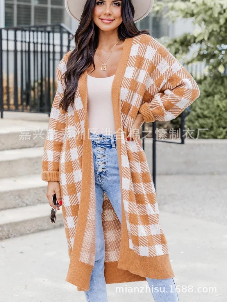 

Клетчатый длинный кардиган, вязаный свитер, женские джемперы, толстые, весна, осень, зима, макси пальто, мягкое пальто, Длинная вязаная куртка, кардиган