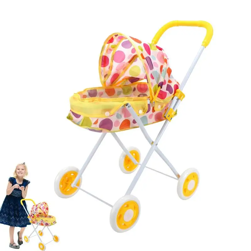 

Doll Stroller Lightweight Kids Baby Stroller Steel Pole Foldable Baby Carriage Toy Unique Yellow Print With Comfortable Hand