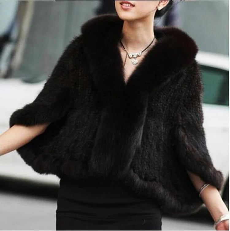 real genuine natural New knitted mink fur shawl coat with fox fur collar women's fashion knit jacket cape