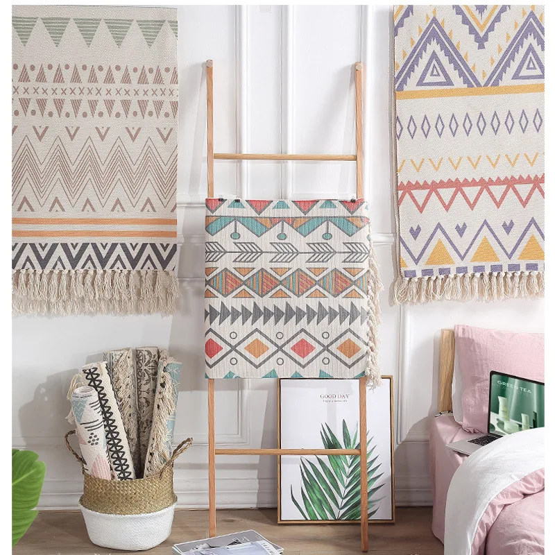 bohemia bedroom checkered rug cotton linen handmade tassel carpet macrame doormat bath mat pad lounge rug house home decoration free global shipping