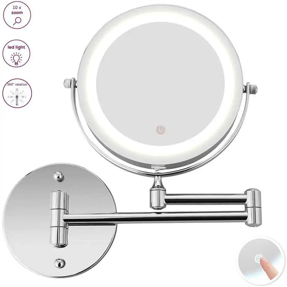 LED Lighted Makeup Mirror - 10X Magnifying Illuminated Wall Mounted Bathroom Mirror, Two Sided, Flexible Gooseneck, 360 Rotation