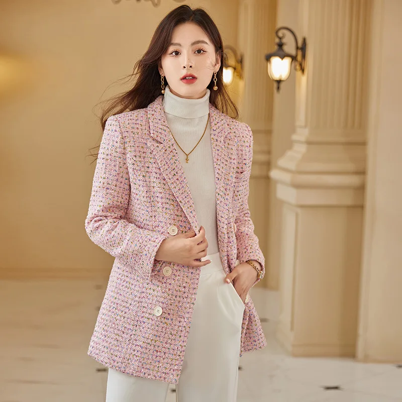 Bling Bling Sequins Tweed Thick Suit Outfits Women Lady Office Elegant Business Uniform Wear Checked-Pattern Blazer Top Outwear