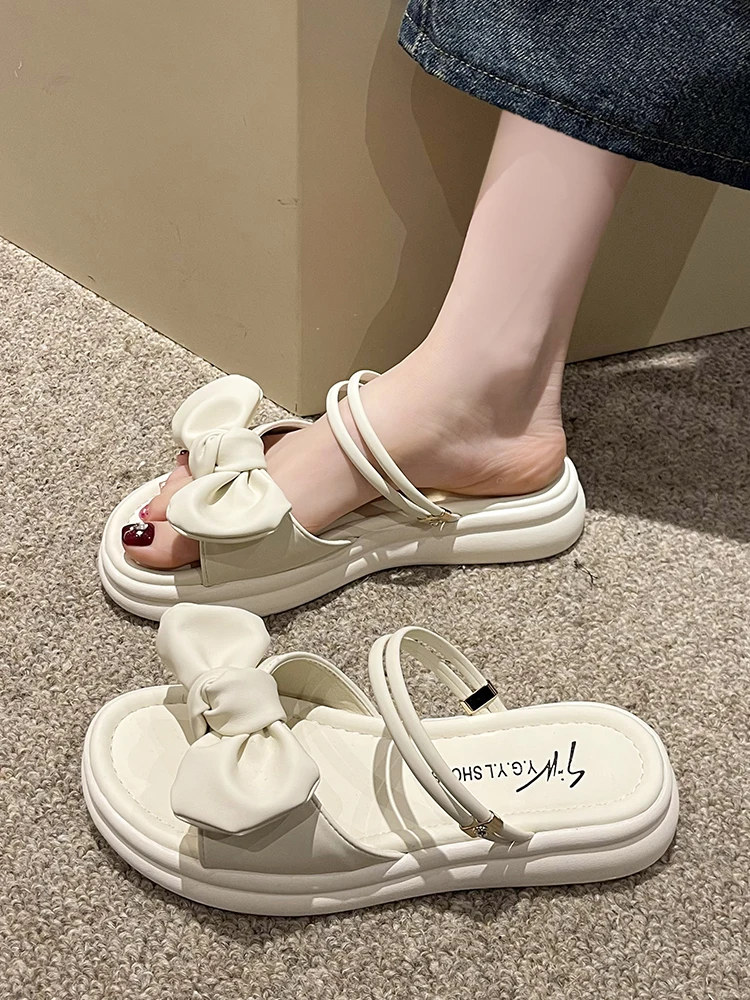 

Женские шлепанцы на плоской подошве, Мягкие Шлепанцы из натуральной кожи, с узлом-бабочкой, роскошная обувь на платформе, лето 2023