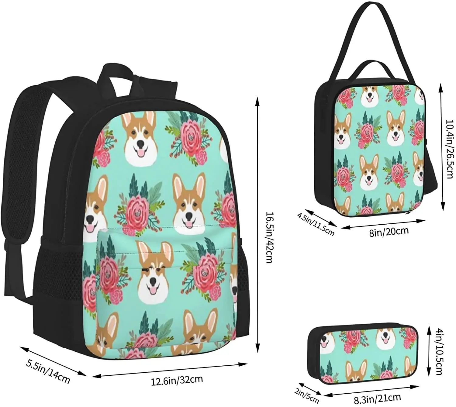 Kid School Backpack Corgi Dog Mint Cute Schoolbag Travel Bag Casual Daypack Lunch Bag Pencil Case for Boys Teens Girls 3pcs Sets