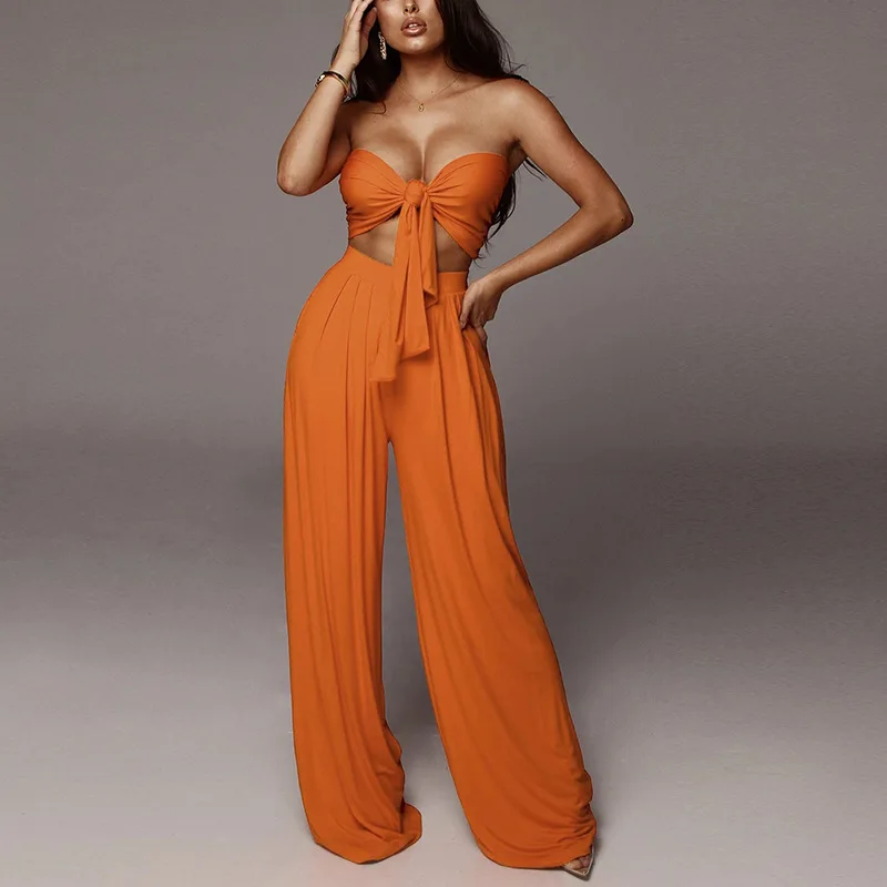 

2021 Autumn New Female Sense Pure Color Lace-up Tube Top Trousers Two-piece Suit Fashion Street Style Casual Women's Clothing