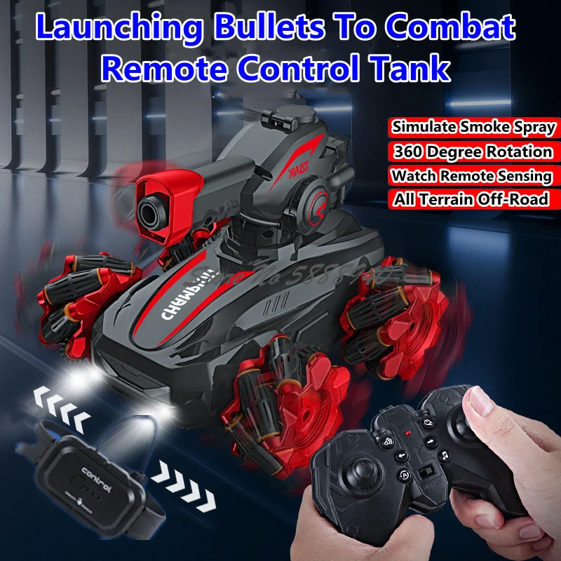 

Launching Bullets Battle Simulate Remote Control Tank 2.4G Smoke Spray 360°Rotation Watch Sensing All Terrain Off-Road RC Tank