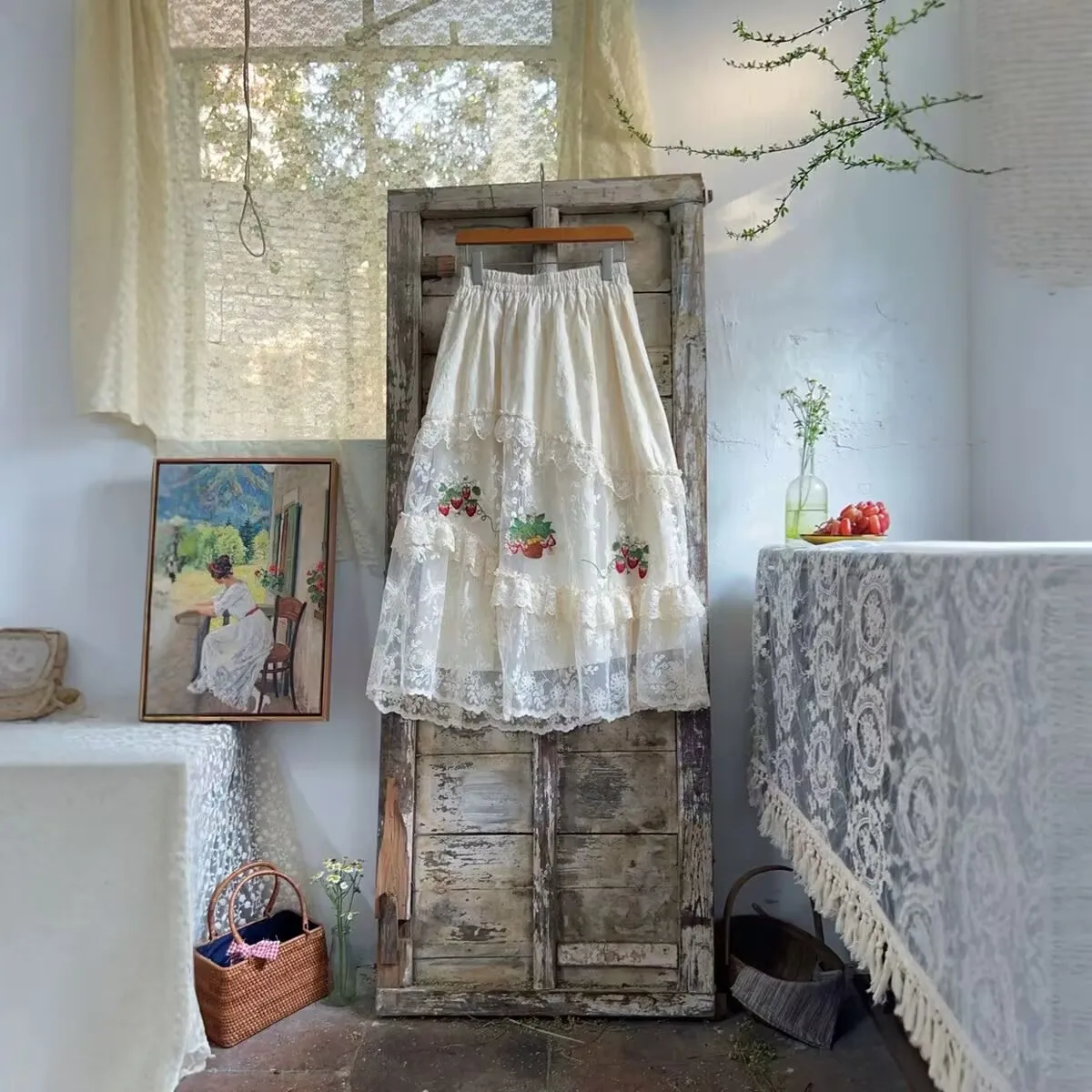 Фото Женская винтажная плиссированная юбка макси с рюшами и высокой талией, с милой кружевной вышивкой, в японском стиле Мори №2